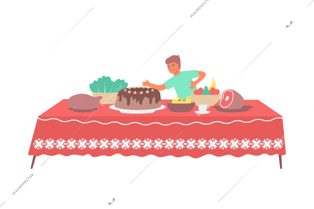 Christmas flat composition with human character of boy and table full of cakes vector illustration