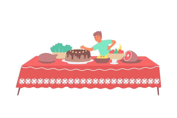 Christmas flat composition with human character of boy and table full of cakes vector illustration