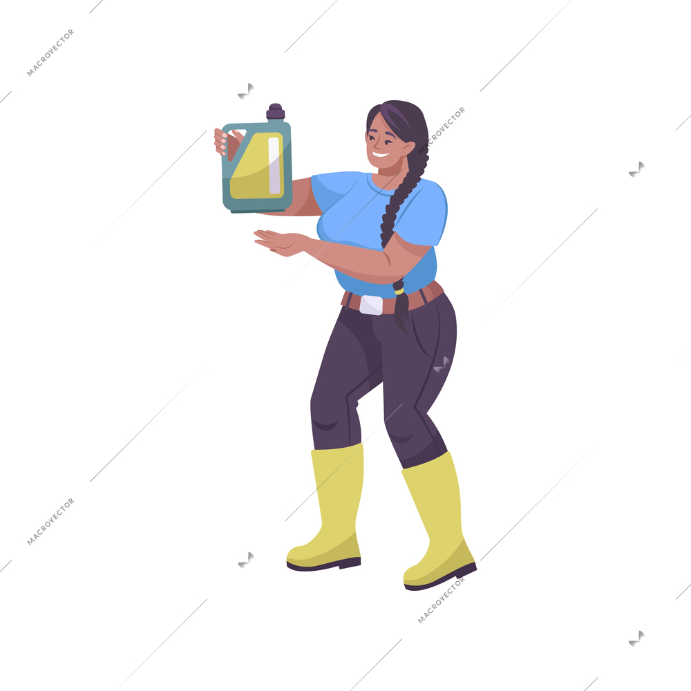 Oil industry flat composition with isolated female character holding oil container on blank background vector illustration