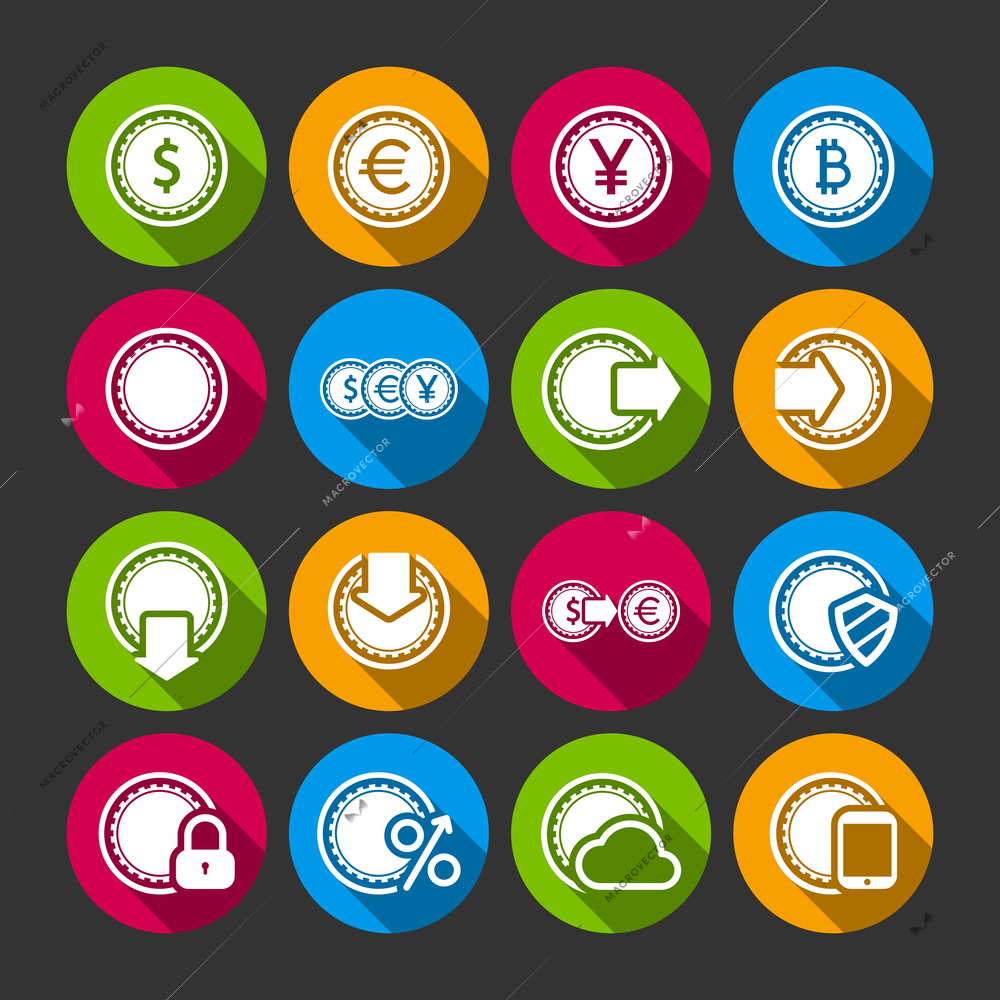 Collection of coins for finance or money app with long shadows isolated vector illustration