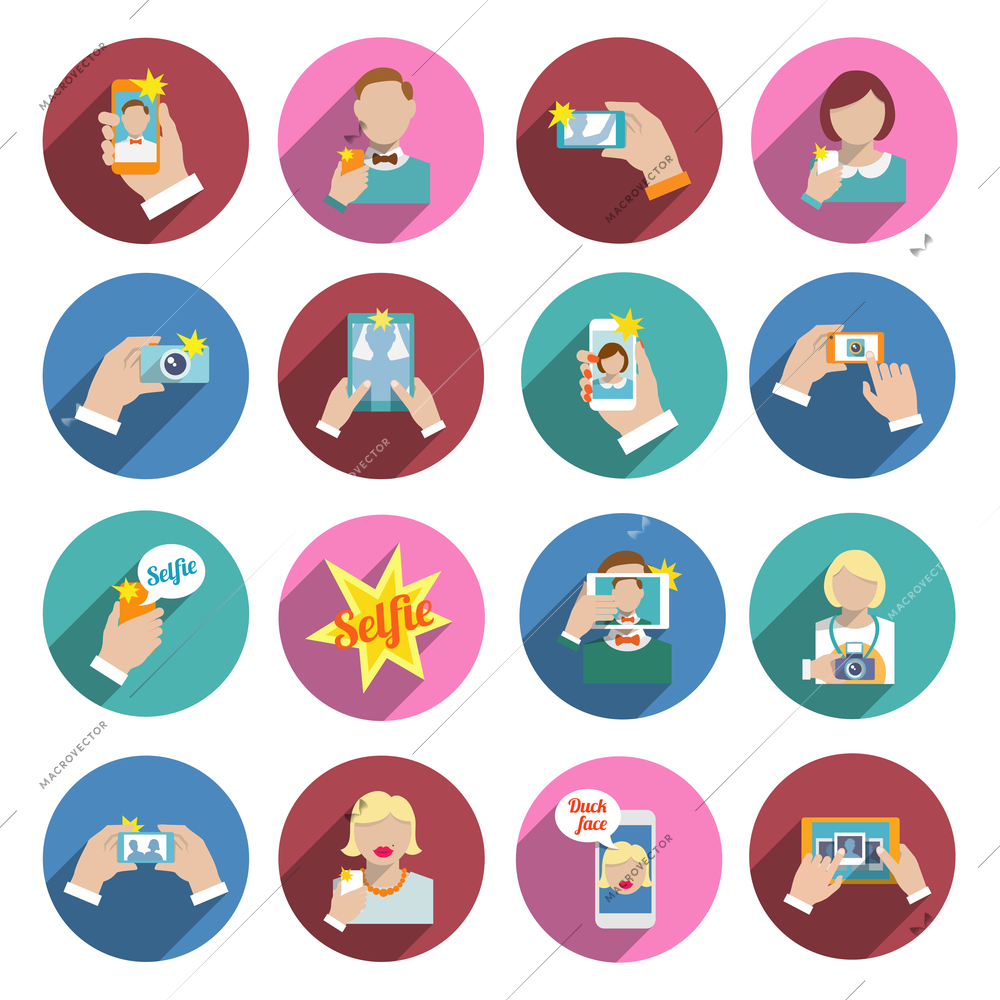 Selfie self portrait smartphone camera picture taking flat icons set isolated vector illustration