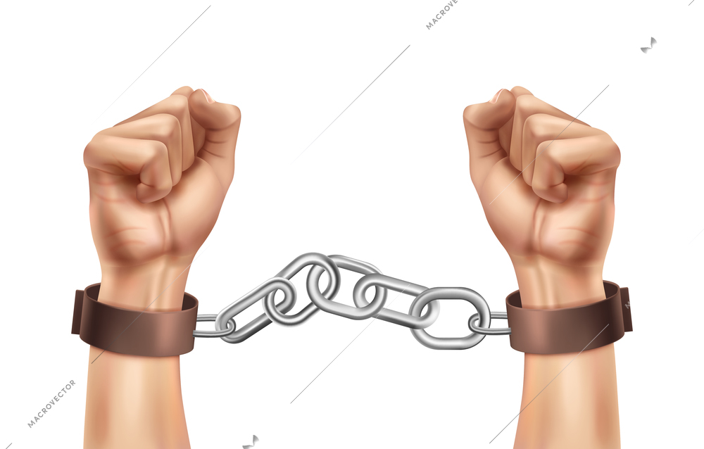 Realistic world day social justice composition with isolated image of enchained human hands vector illustration