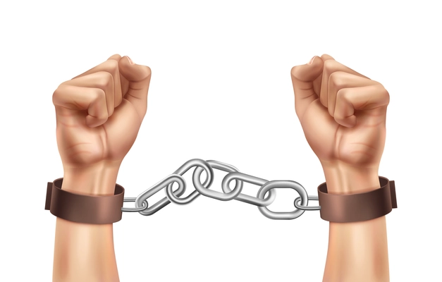 Realistic world day social justice composition with isolated image of enchained human hands vector illustration