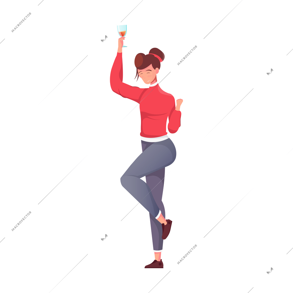 Christmas flat composition with isolated human character of dancing woman with wine glass vector illustration