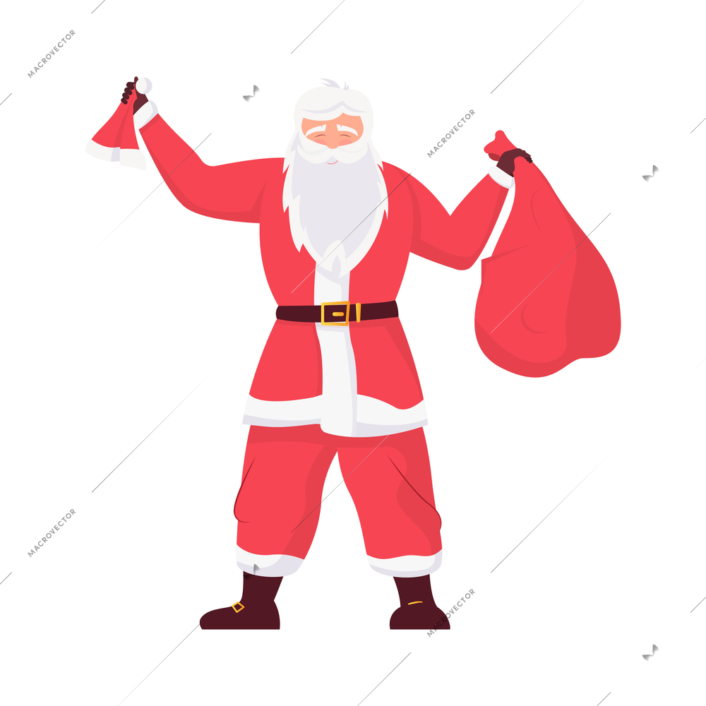 Christmas flat composition with isolated human character of santa holding his hat and sack in hands vector illustration