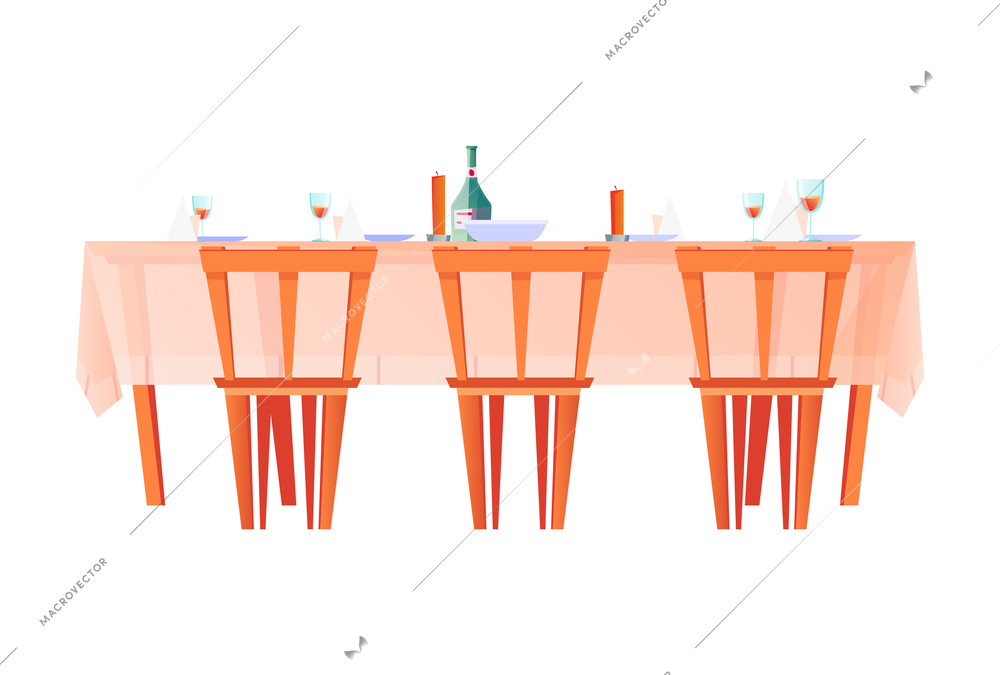 Christmas flat composition with isolated image of festive dinner table with food drinks and chairs vector illustration