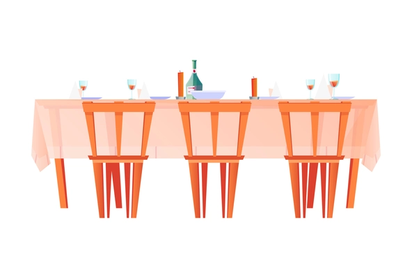 Christmas flat composition with isolated image of festive dinner table with food drinks and chairs vector illustration