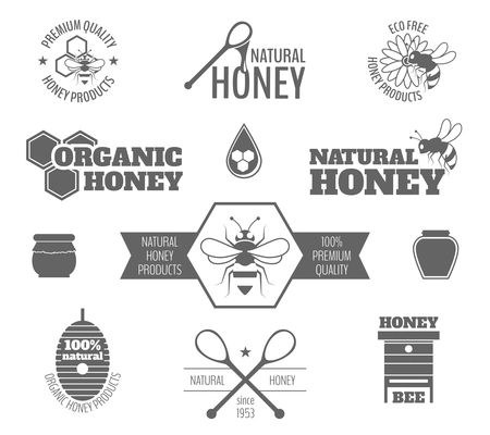 Bee honey premium quality products black label set isolated vector illustration