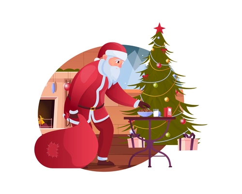 Christmas flat composition with cozy home interior and character of santa touching new year tree vector illustration