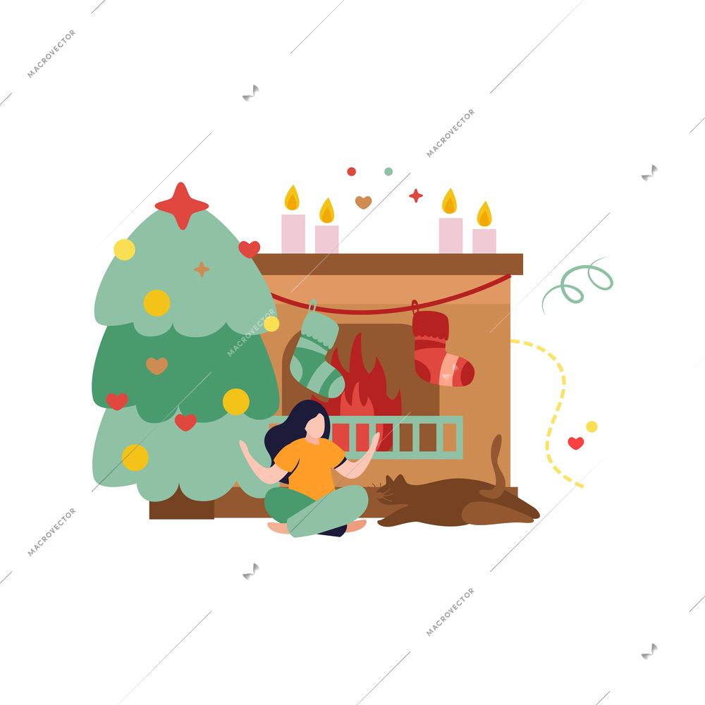 Happy winter flat composition with woman sitting near fireplace with socks and christmas tree vector illustration