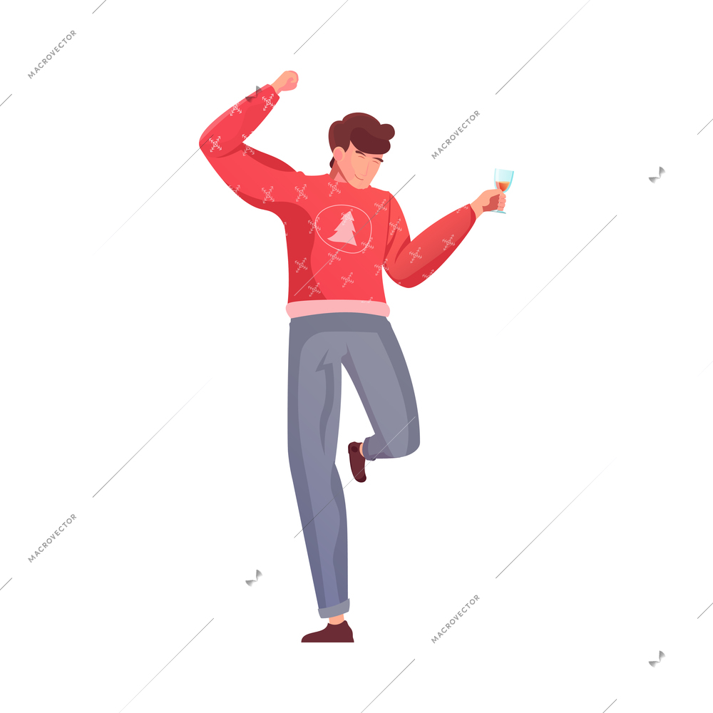 Christmas flat composition with isolated human character of dancing man in new year sweater vector illustration