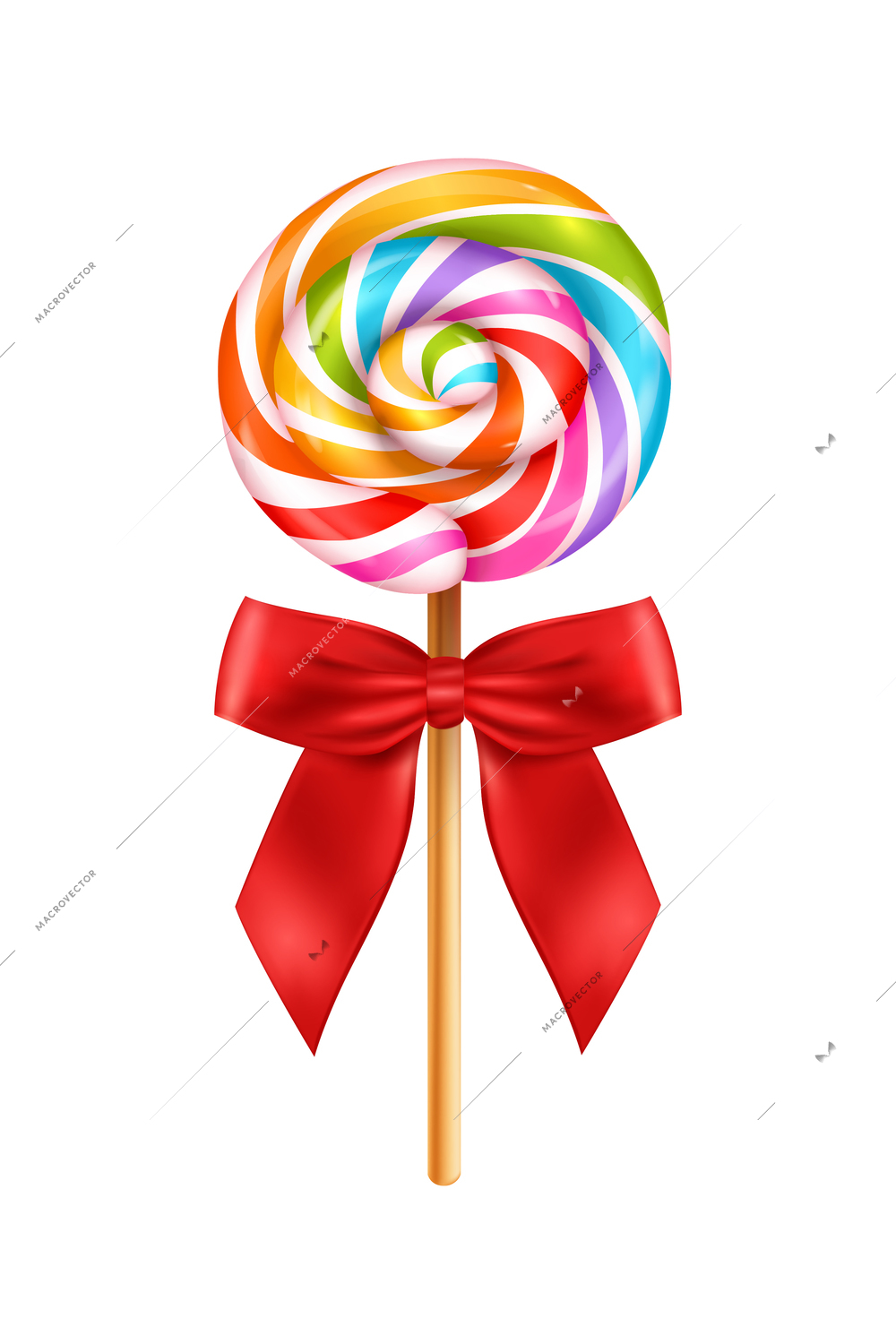 Realistic lollipop red bow composition with isolated image of candy on stick vector illustration