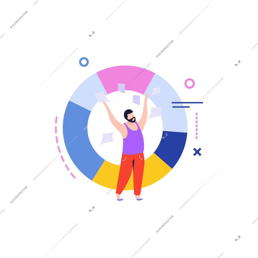 Data analysis flat composition with isolated circle graph with colorful segments and male character vector illustration