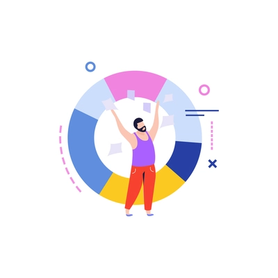 Data analysis flat composition with isolated circle graph with colorful segments and male character vector illustration