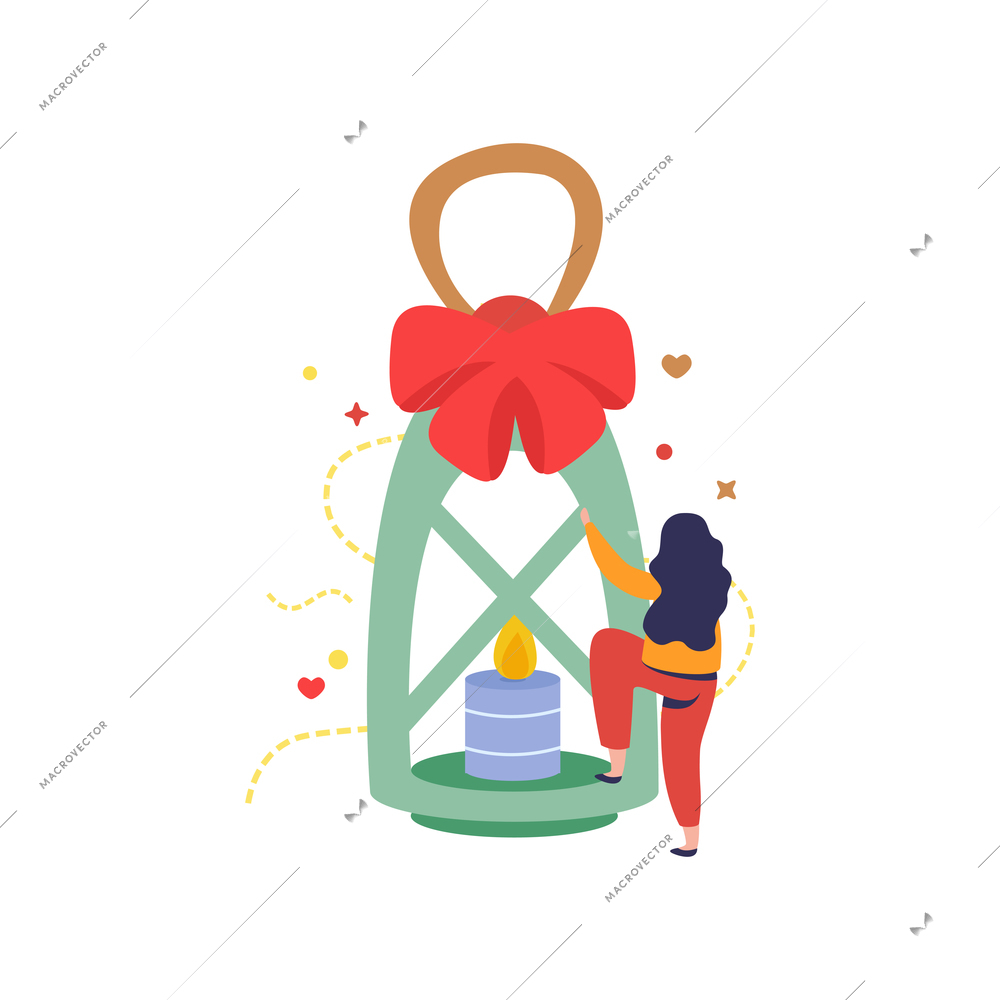 Happy winter flat composition with isolated image of candle lamp with red bow and woman vector illustration