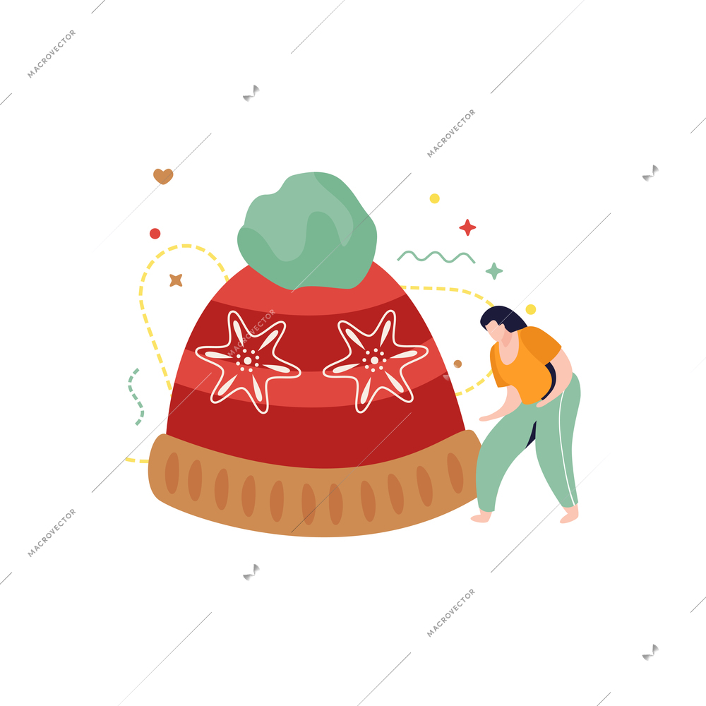 Happy winter flat composition with isolated image of warm hat and human character vector illustration