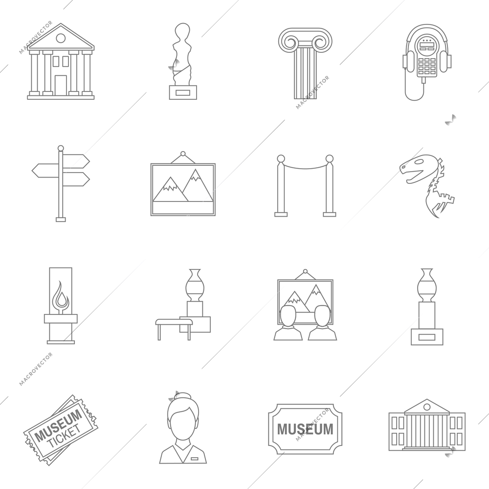 Museum art exhibition icons outline set isolated vector illustration