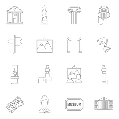 Museum art exhibition icons outline set isolated vector illustration