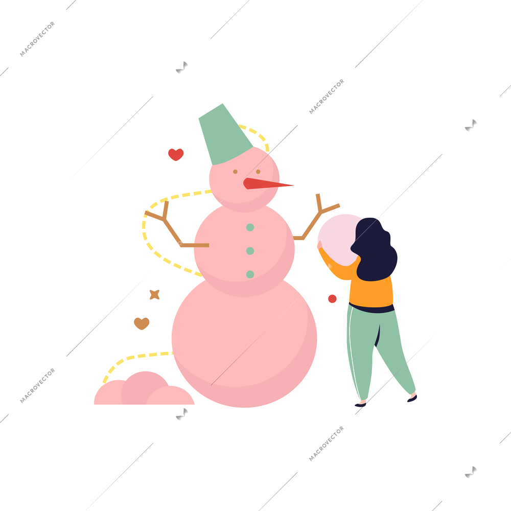 Happy winter flat composition with human character of woman making snowman from snow balls vector illustration