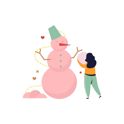 Happy winter flat composition with human character of woman making snowman from snow balls vector illustration