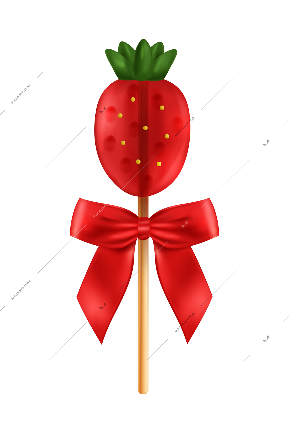 Realistic lollipop red bow composition with isolated image of strawberry shaped candy on stick vector illustration