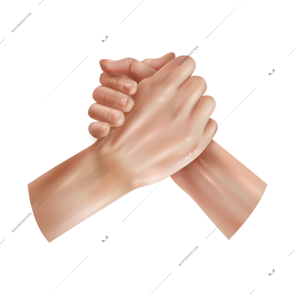 Realistic world day social justice composition with isolated image of human hands shaking each other vector illustration