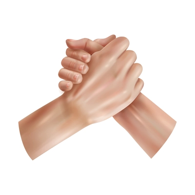 Realistic world day social justice composition with isolated image of human hands shaking each other vector illustration