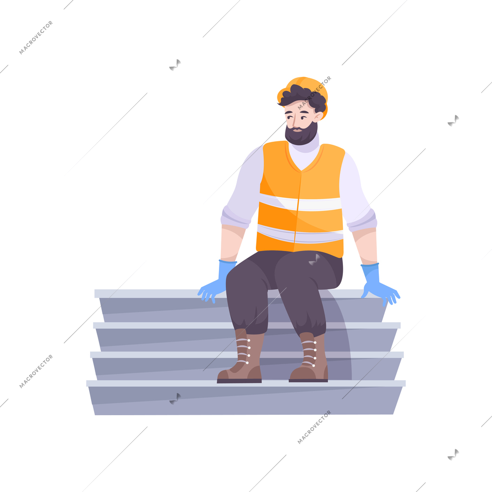 Oil industry flat composition with isolated human character of worker sitting on ladder on blank background vector illustration