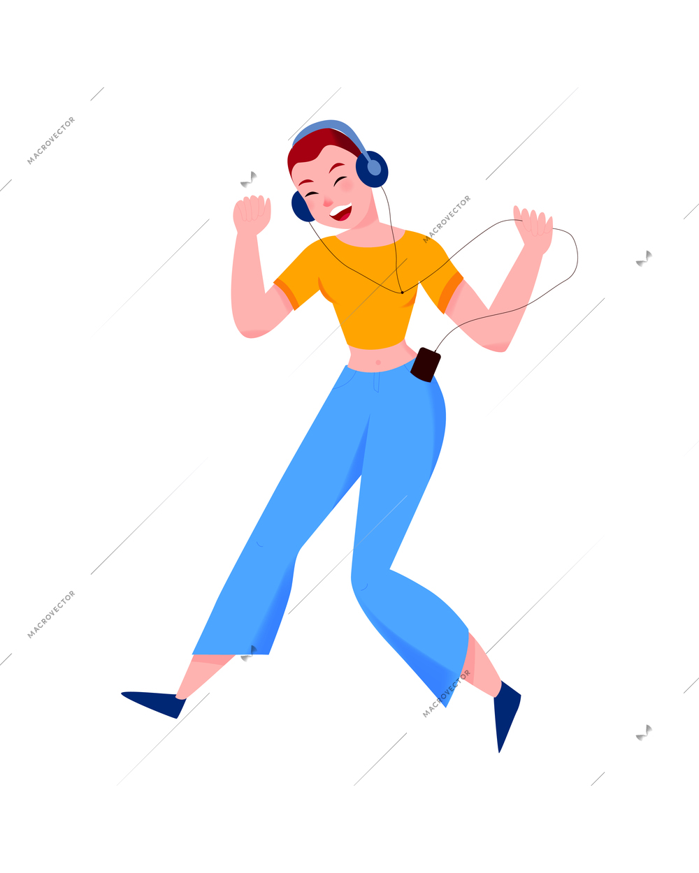 People headphones listen music composition with isolated human character of jumping singing girl in headphone vector illustration