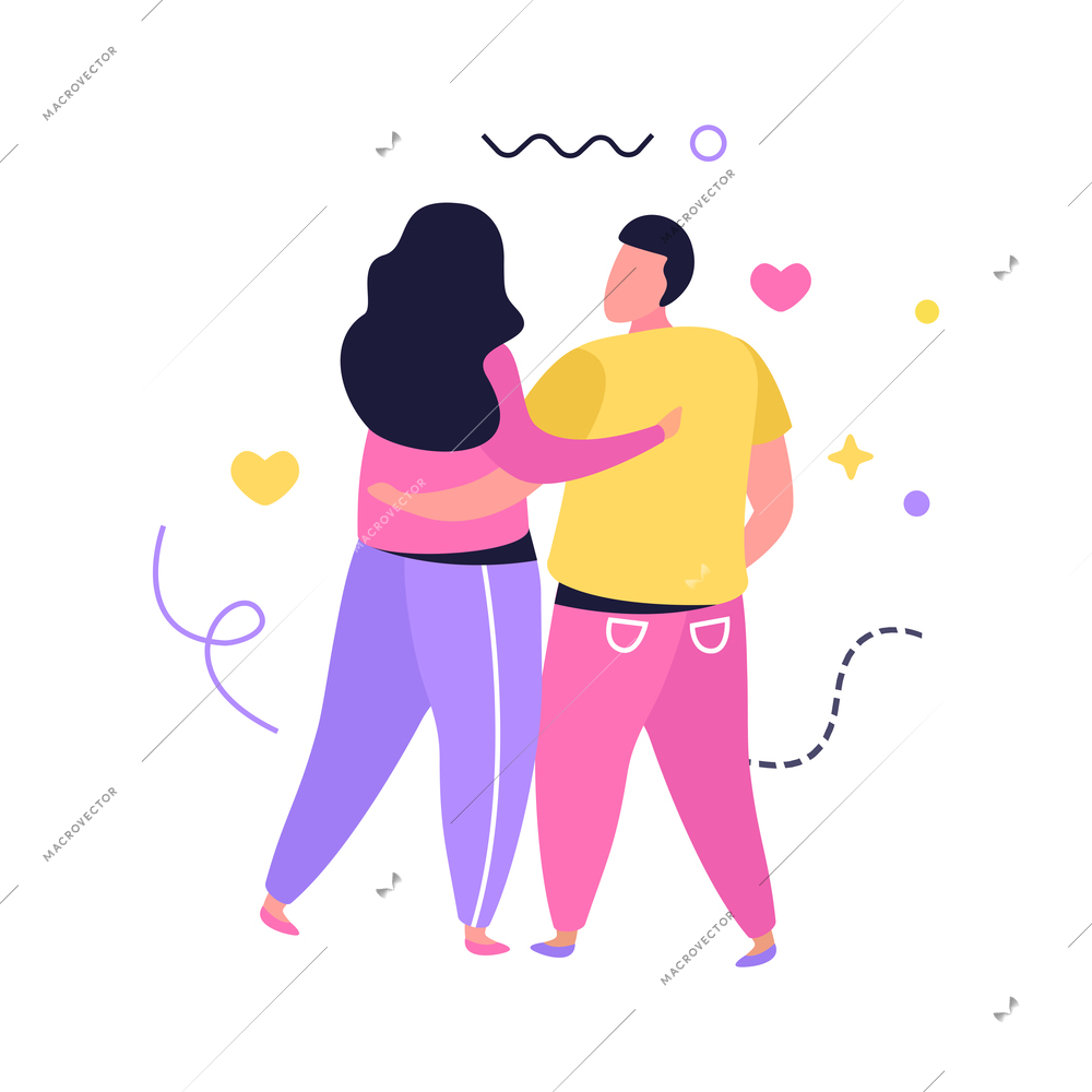 Hug day flat composition with human characters of loving couple hugging each other from behind vector illustration