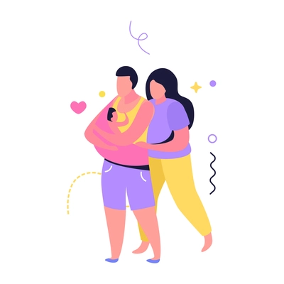 Hug day flat composition with human characters of loving couple embracing with baby vector illustration