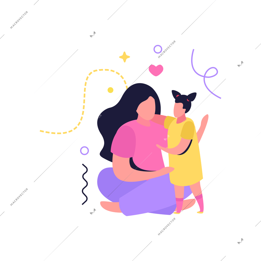 Hug day flat composition with human characters of mother and little girl vector illustration