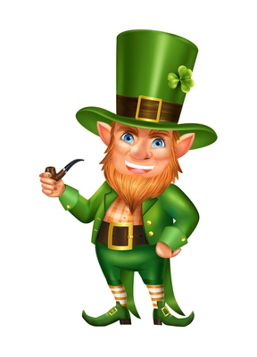 Realistic saint patrick day composition with isolated character of leprechaun in costume with smoking pipe vector illustration