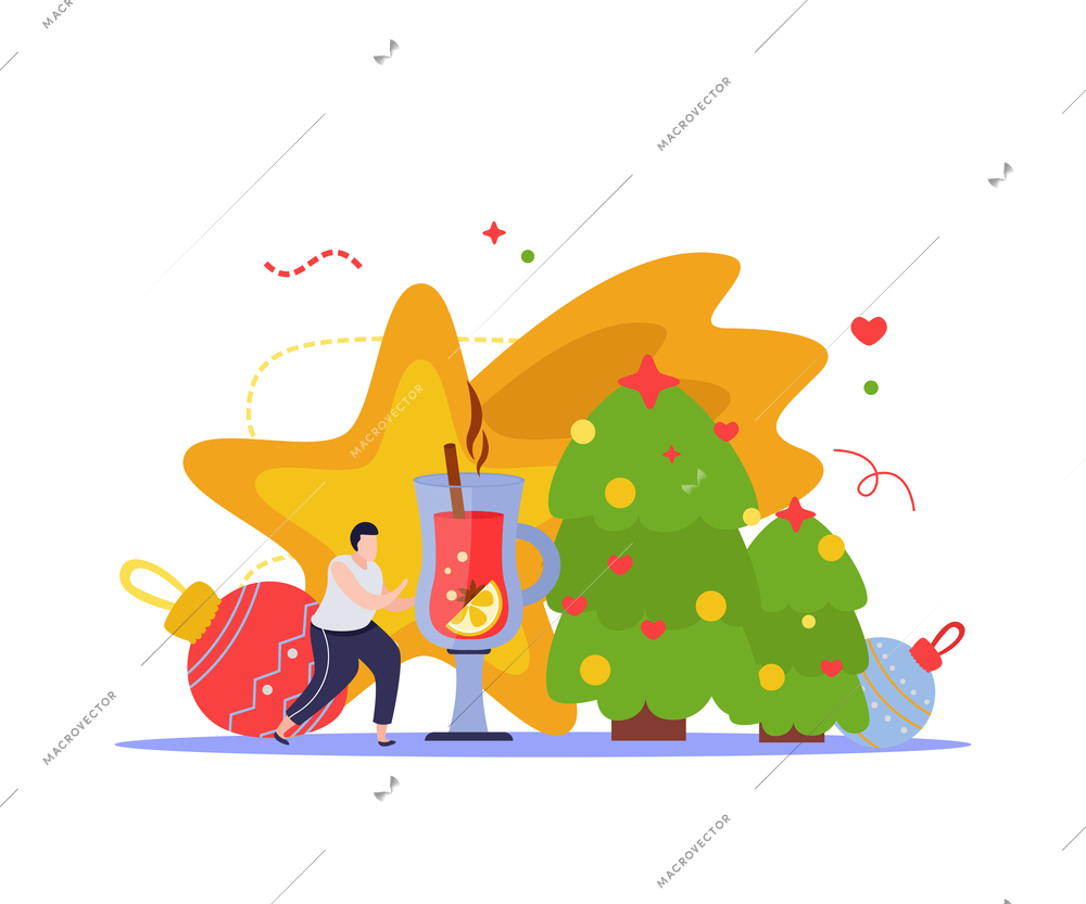 Merry christmas and happy new year composition with decorated trees balls and golden star with man vector illustration