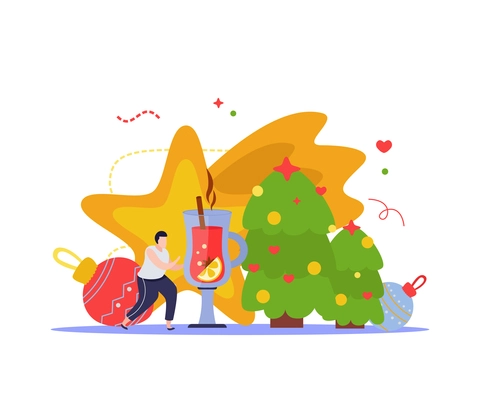 Merry christmas and happy new year composition with decorated trees balls and golden star with man vector illustration