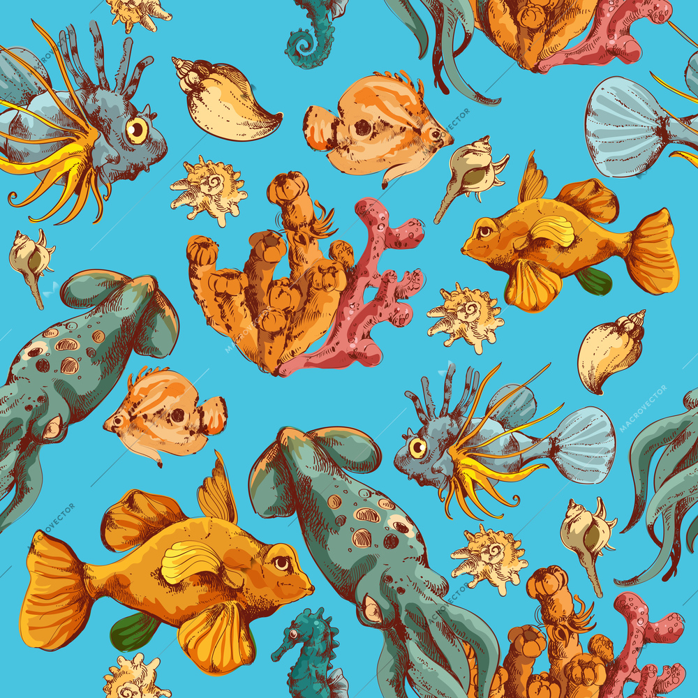 Sea fishes and ocean creatures sketch colored seamless pattern vector illustration