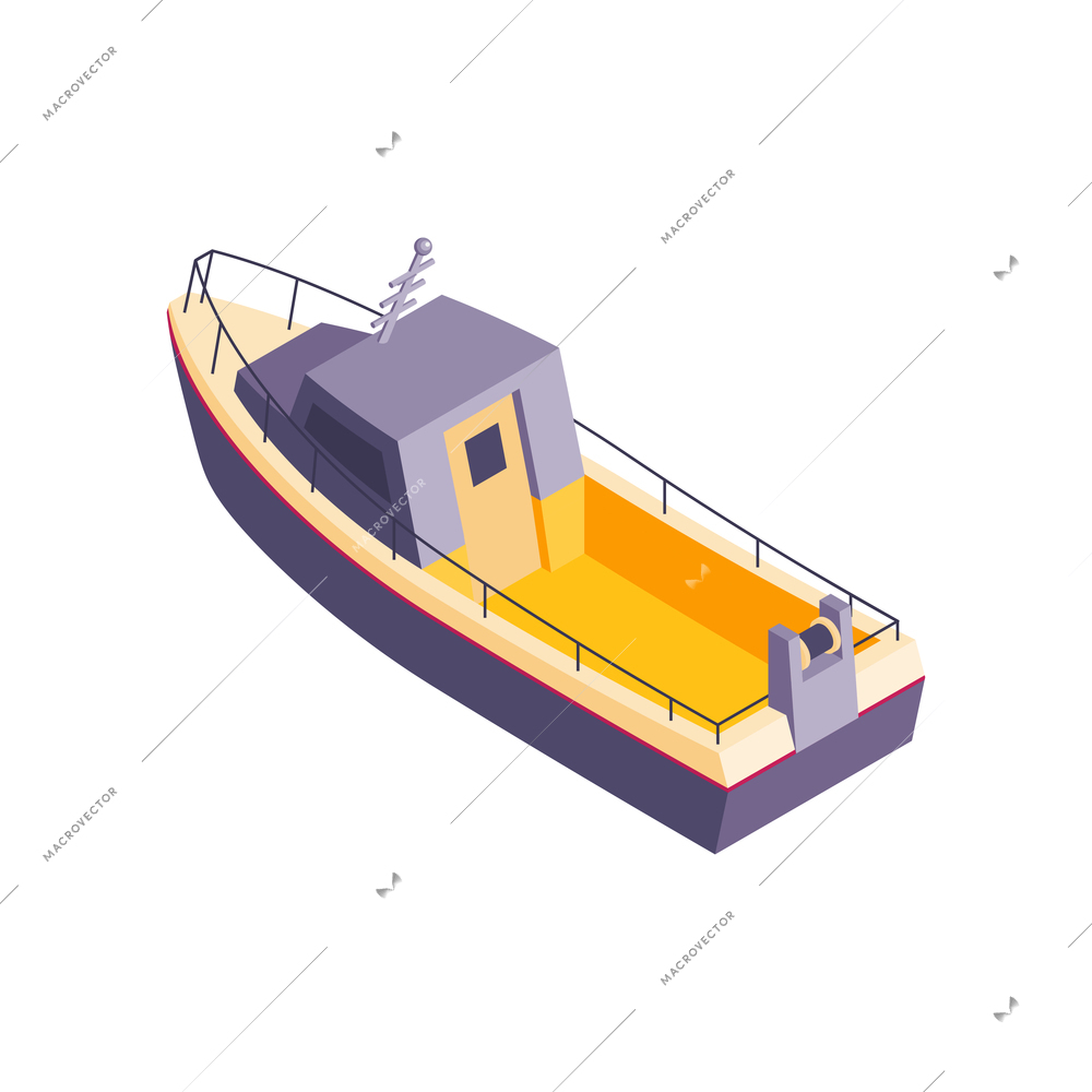 Commercial fishing isometric composition with isolated image of fishing boat vector illustration