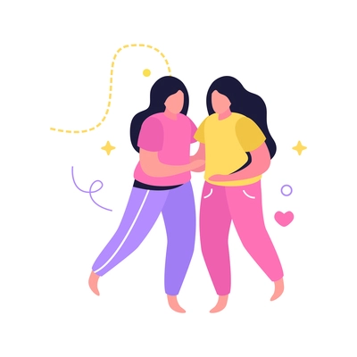 Hug day flat composition with human characters of two girls embracing each other vector illustration