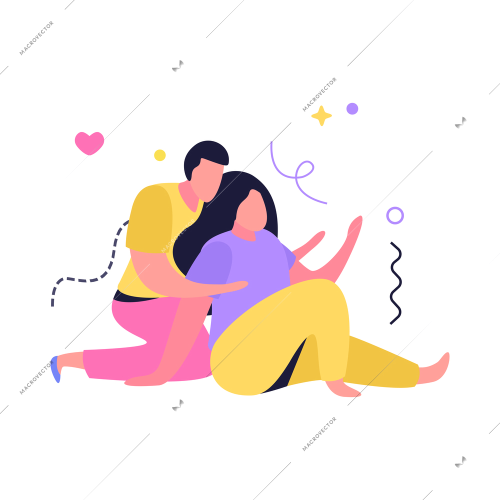 Hug day flat composition with human characters of loving couple sitting and embracing vector illustration