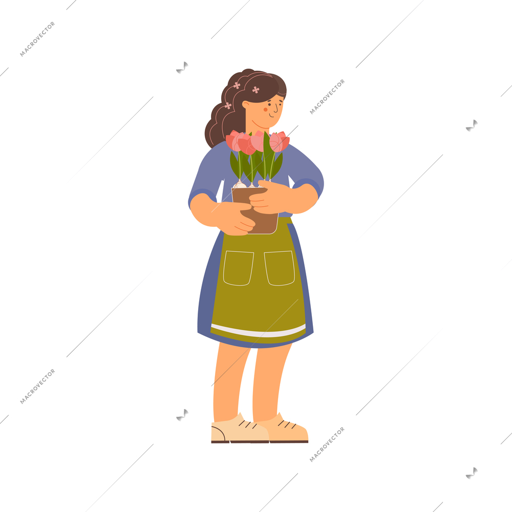 Floristics flat composition with human character of female florist holding flowers in pot on blank background vector illustration