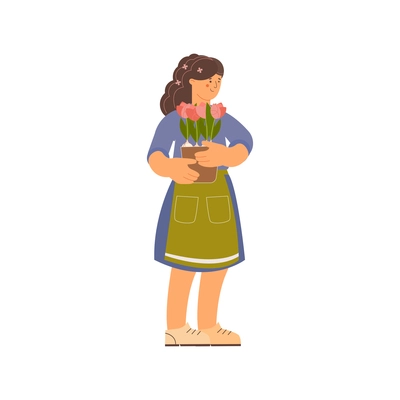 Floristics flat composition with human character of female florist holding flowers in pot on blank background vector illustration