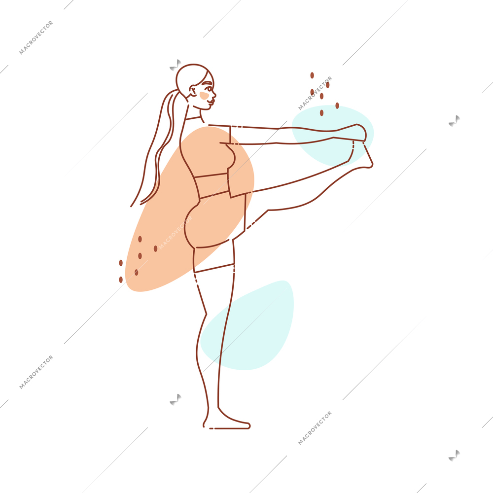 Line art woman yoga color composition with female character raising leg vector illustration