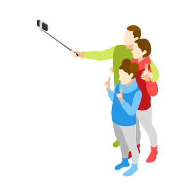 Christmas mood isometric icons composition with family members making photo on smartphone with selfie stick vector illustration