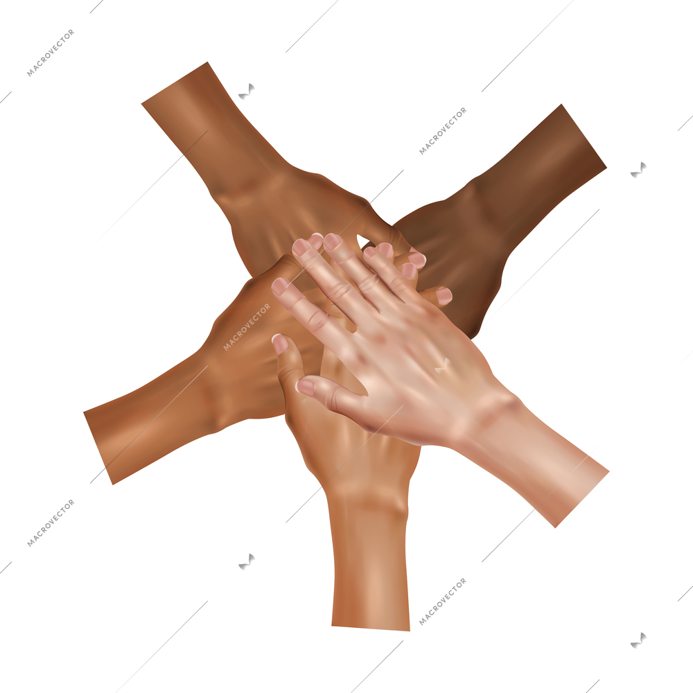 Realistic world day social justice composition with isolated image of multiple hands of different skin color vector illustration