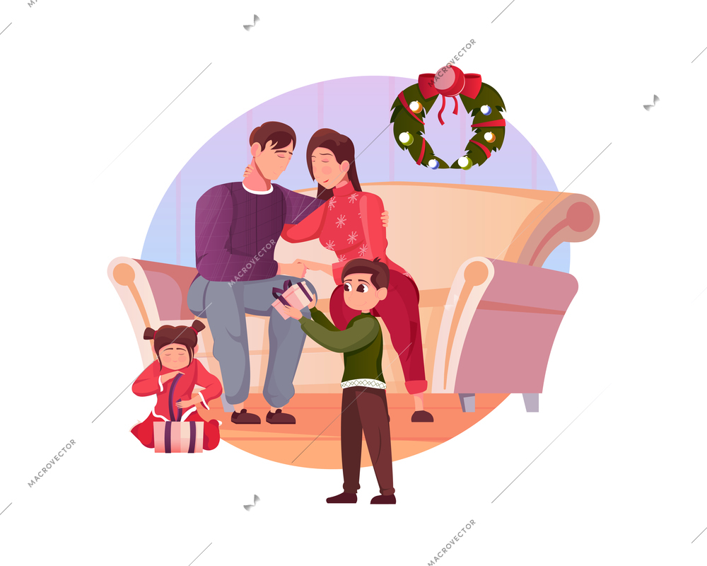 Christmas flat composition with characters of parents sitting on sofa and kids with gifts vector illustration