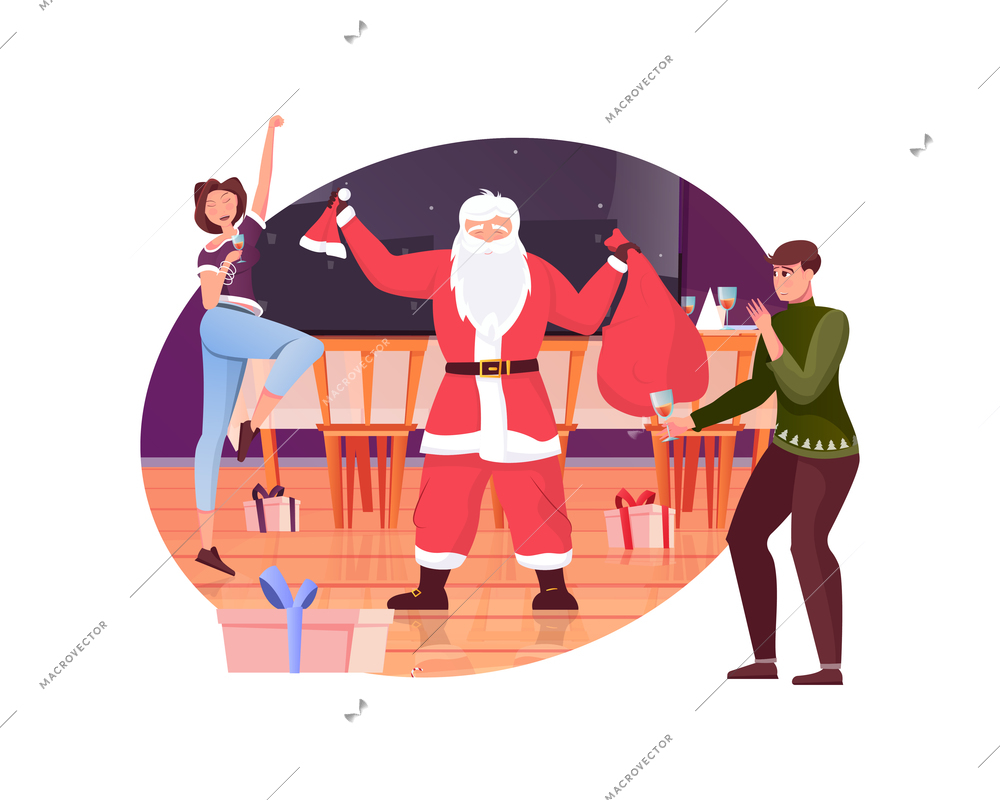 Christmas flat composition with home interior and characters of people dancing with santa vector illustration