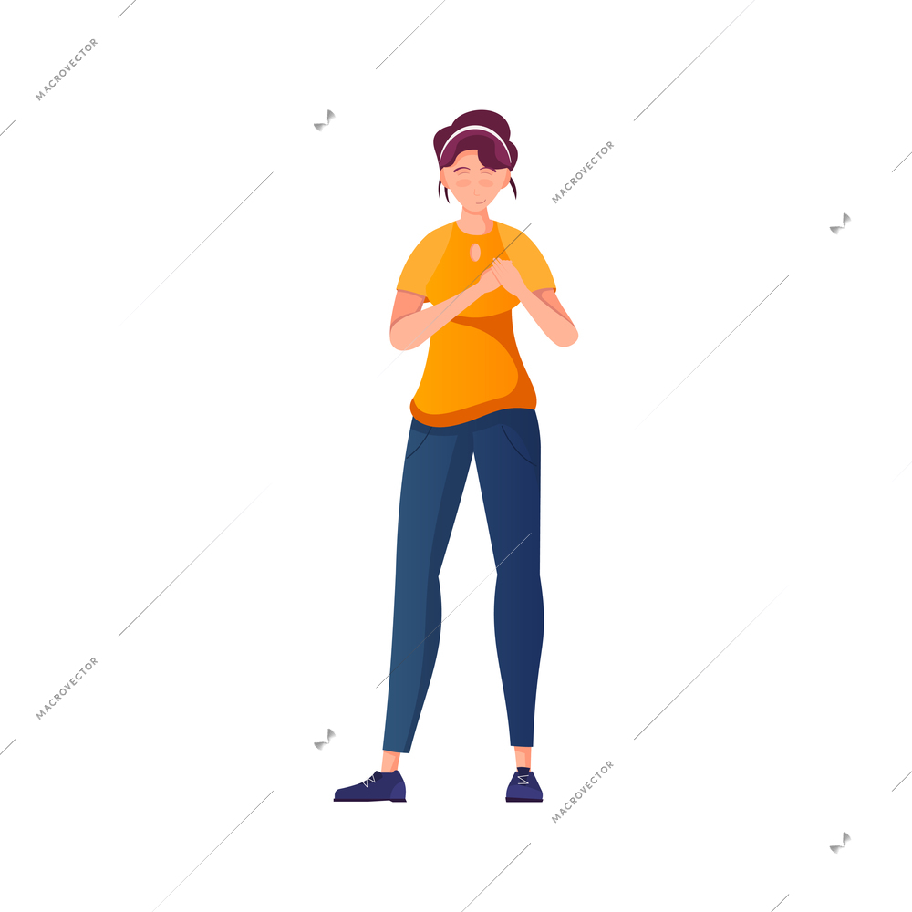 International thank you day flat composition with isolated human character of girl holding her heart vector illustration