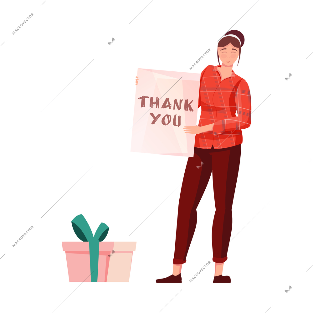 International thank you day flat composition with isolated character of woman holding text placard vector illustration