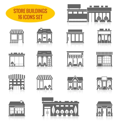 Store shop front window buildings black icon set isolated vector illustration