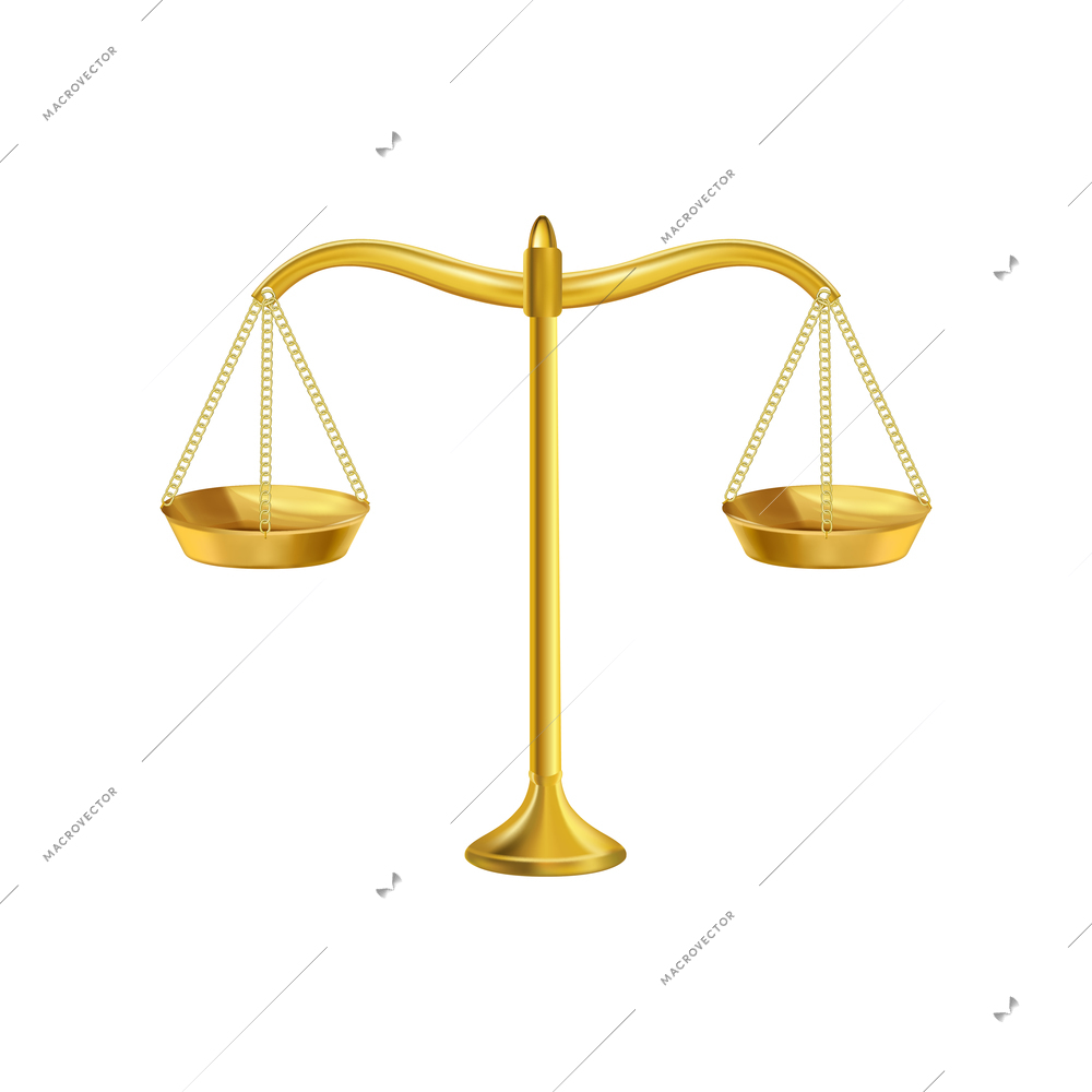 Realistic world day social justice composition with isolated image of golden balance on blank background vector illustration